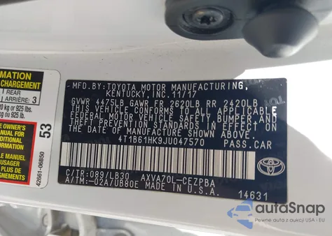 2018 Toyota Camry Xse z USA, uszkodzony, nr VIN 4T1B61HK9JU047570
